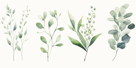 Watercolour floral illustration set. White flowers, green leaves individual elements collection. Green branches, eucalyptus, chamomile. For wedding invitations, anniversary, birthday, Generative AI