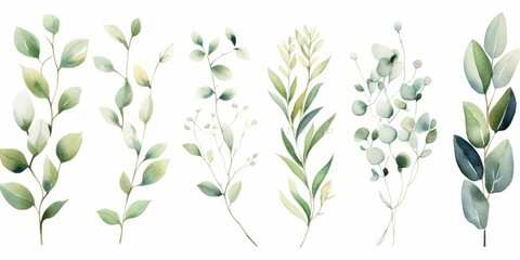 Fototapeta na wymiar Watercolour floral illustration set. White flowers, green leaves individual elements collection. Green branches, eucalyptus, chamomile. For wedding invitations, anniversary, birthday, Generative AI