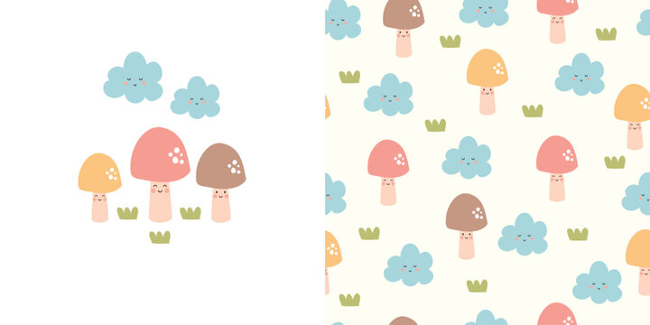 Cute mushroom card and seamless pattern. Baby background with mushrooms and clouds. Vector illustration. It can be used for wallpapers, wrapping, cards, patterns for clothing and others.