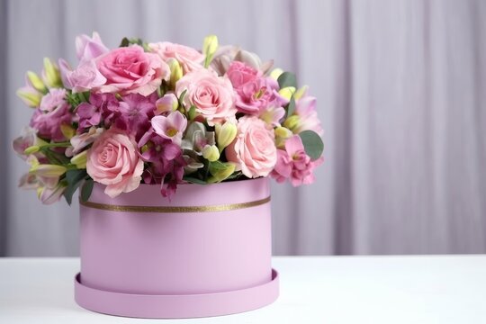 Beautiful bouquet of flowers in pink round box on a white table. Gift for holiday, birthday, Wedding, Mother's Day, Valentine's day, Women's Day. Floral arrangement in a hat, Generative AI
