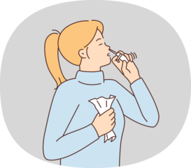 Sick woman use nasal spray