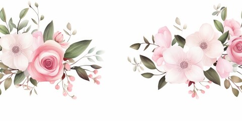 Watercolor floral border wreath with green leaves, pink peach blush white flowers branches, for wedding invitations, greetings, wallpapers, fashion, prints. Eucalyptus, olive, rose, Generative AI - obrazy, fototapety, plakaty