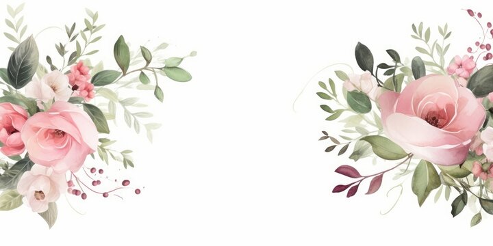 Fototapeta Watercolor floral border wreath with green leaves, pink peach blush white flowers branches, for wedding invitations, greetings, wallpapers, fashion, prints. Eucalyptus, olive, rose, Generative AI