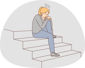 Unhappy woman sit on stairs suffer from loneliness