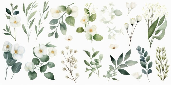 Watercolor floral illustration set - bouquet, frame, border. Gold green leaf branches collection. Wedding stationary, wallpapers, fashion. Eucalyptus olive, Generative AI