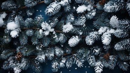 Merry Christmas - New Year decoration of conifer branches on wooden background with snow around, place for text