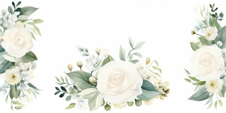 Fototapeta Watercolor floral illustration set - bouquet, frame, border, wreath. White flowers, rose, peony, green leaf branch collection. Wedding invites, fashion. Eucalyptus olive leaves, Generative AI