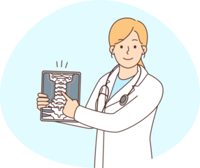 Smiling female doctor show body organ on tablet