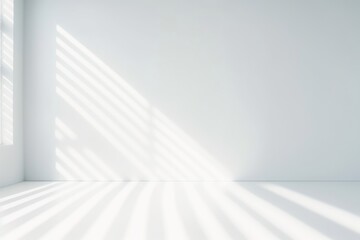 Empty white corner. Abstract studio background for product presentation. 3d room with shadows of window. Minimalistic space concept with blurred, Generative AI