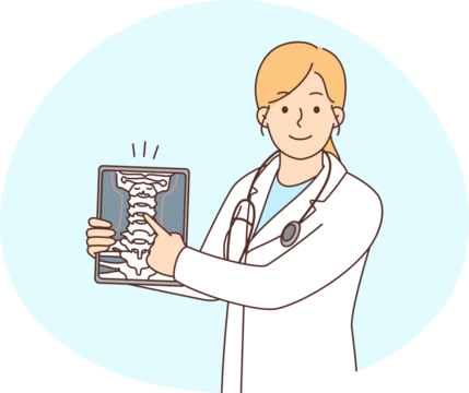 Smiling female doctor show body organ on tablet