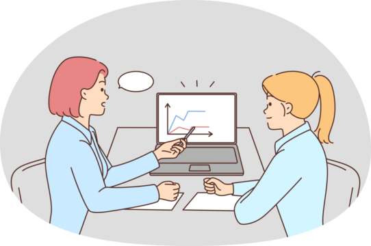 Businesswomen discuss financial graphs in office