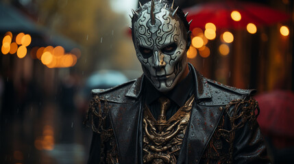 Masked killer standing in night street.