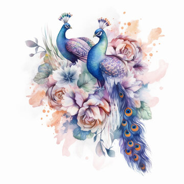 Peacocks with floral bouquets. AI Generated