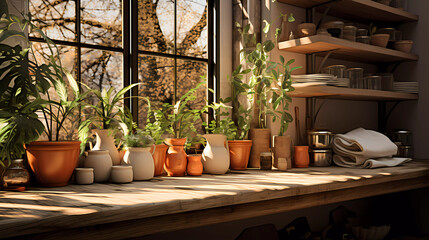 a kitchen with a counter and a sink with a lot of plants on it and a shelf with pots and pans - obrazy, fototapety, plakaty