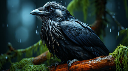 Portrait of a raven in the forest.