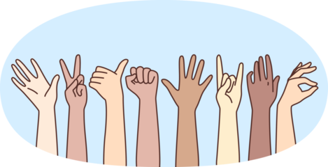 Diverse people show sign language signs