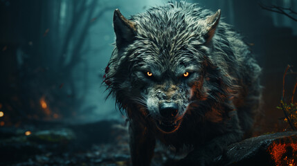 Portrait of aggressive wolf at night in the forest.