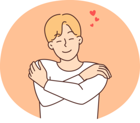 Smiling man hug himself show self-love