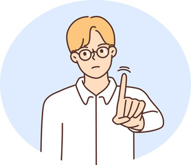 Serious man show finger say no