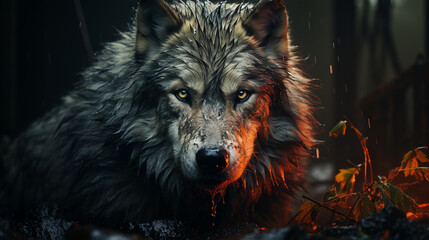 Portrait of aggressive wolf at night in the forest.