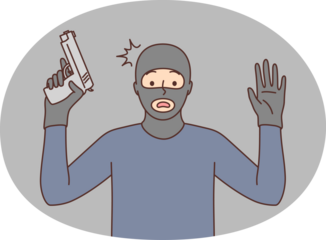 Male robber with gun raise hands up