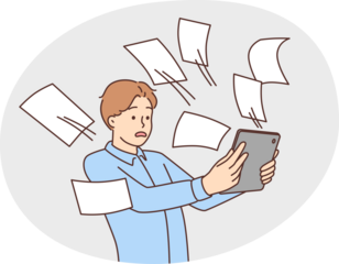 Distressed man look at tablet overwhelmed with emails