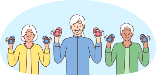Smiling elderly people workout together