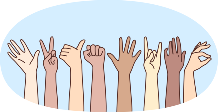 Diverse people show sign language signs