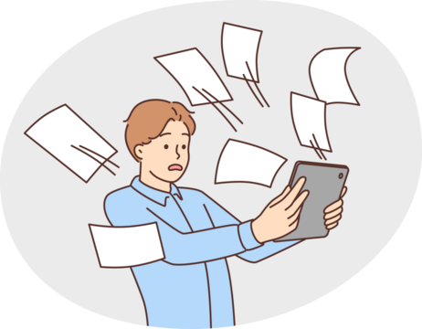 Distressed man look at tablet overwhelmed with emails