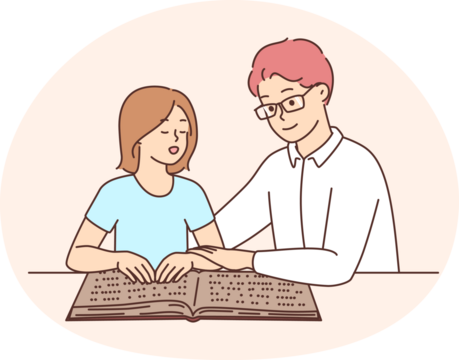 Male tutor teach child reading braille