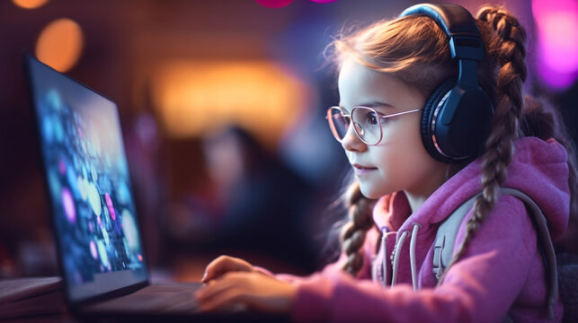 Teen girl with glasses headphones looks at laptop screen. Llive streaming, media format for real-time, unscripted interactions with audiences.