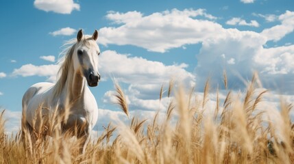 A white horse is grazing in a field of tall grass under a blue sky