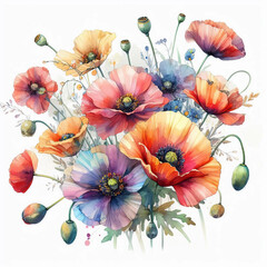 Рoppy flower watercolor paint. Generative AI.