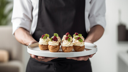 Waiter serving delicious cream dessert on a tray - obrazy, fototapety, plakaty