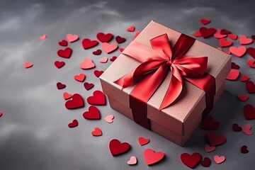 A gift box with a red ribbon and red hearts on a gray background , a banner on the theme of the Valentine's Day holiday. 