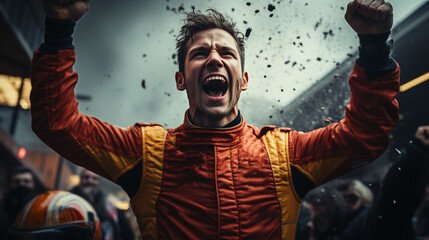 Racing driver celebrating victory. - obrazy, fototapety, plakaty