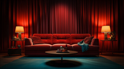 Red couch in living room.