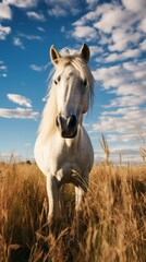 Obraz na płótnie Canvas A white horse is grazing in a field of tall grass under a blue sky