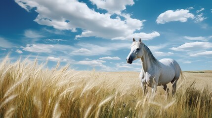 Obraz na płótnie Canvas A white horse is grazing in a field of tall grass under a blue sky