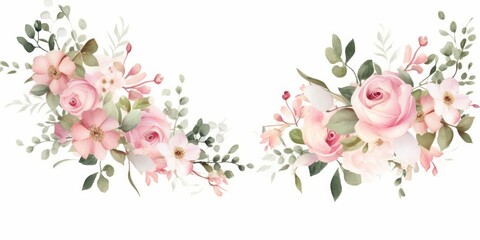 Watercolor floral illustration bouquet set - green leaves, pink peach blush white flowers branches. Wedding invitations, greetings, wallpapers, fashion, prints. Eucalyptus, olive, peony, Generative AI