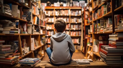 A child looking attentively at the books in a bookstore - obrazy, fototapety, plakaty