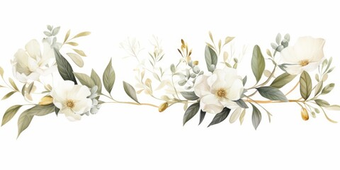 Watercolor floral illustration set - white flowers, green gold leaf branches collection, for wedding stationary, greetings, wallpapers, fashion, background. Eucalyptus, olive, leaves, Generative AI - obrazy, fototapety, plakaty