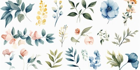 Watercolour floral illustration set. DIY blush pink blue flower, green leaves individual elements collection - for bouquets, wreaths, wedding invitations, anniversary, birthday, Generative AI - obrazy, fototapety, plakaty