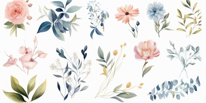 Watercolour floral illustration set. DIY blush pink blue flower, green leaves individual elements collection - for bouquets, wreaths, wedding invitations, anniversary, birthday, Generative AI