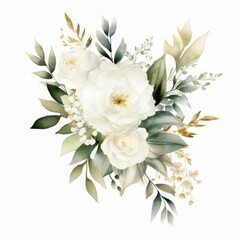 Watercolor floral illustration bouquet - white flowers, rose, peony, green and gold leaf branches collection. Wedding stationary, greetings, wallpapers, fashion,  Eucalyptus, olive, Generative AI