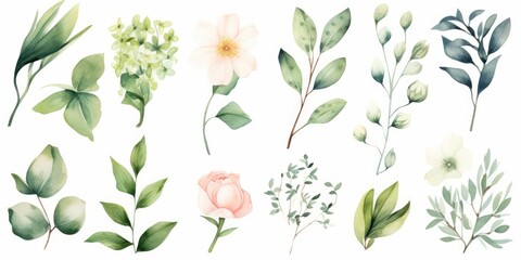 Watercolour floral illustration set. DIY flower, green leaves elements collection - for bouquets, wreaths, arrangements, wedding invitations, anniversary, birthday, postcards, greetings, Generative AI - obrazy, fototapety, plakaty