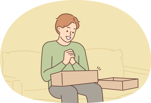 Excited man unpack order at home - Powered by Adobe