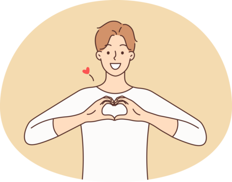 Smiling man show heart hand gesture