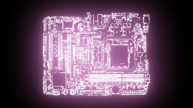 Hyperrealistic 3d animated neon computer motherboard animation in trendy stylish colors. 4K neon computer motherboard lines motion graphic. Futuristic technology video animation in UHD.