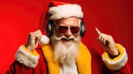 close-up portrait of Santa Claus. santa listens to music on headphones. Christmas. Santa Claus in sunglasses. emotional cheerful portrait.